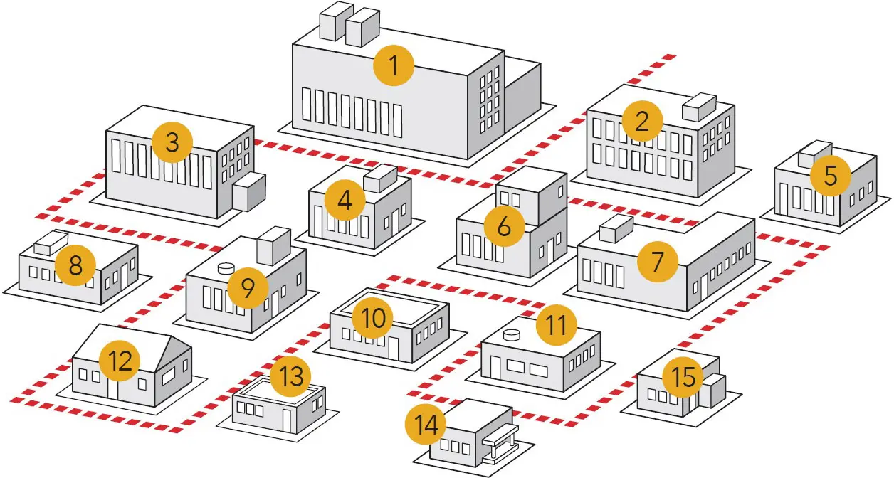 Hospital building complex diagram with numbers marking different facility sections