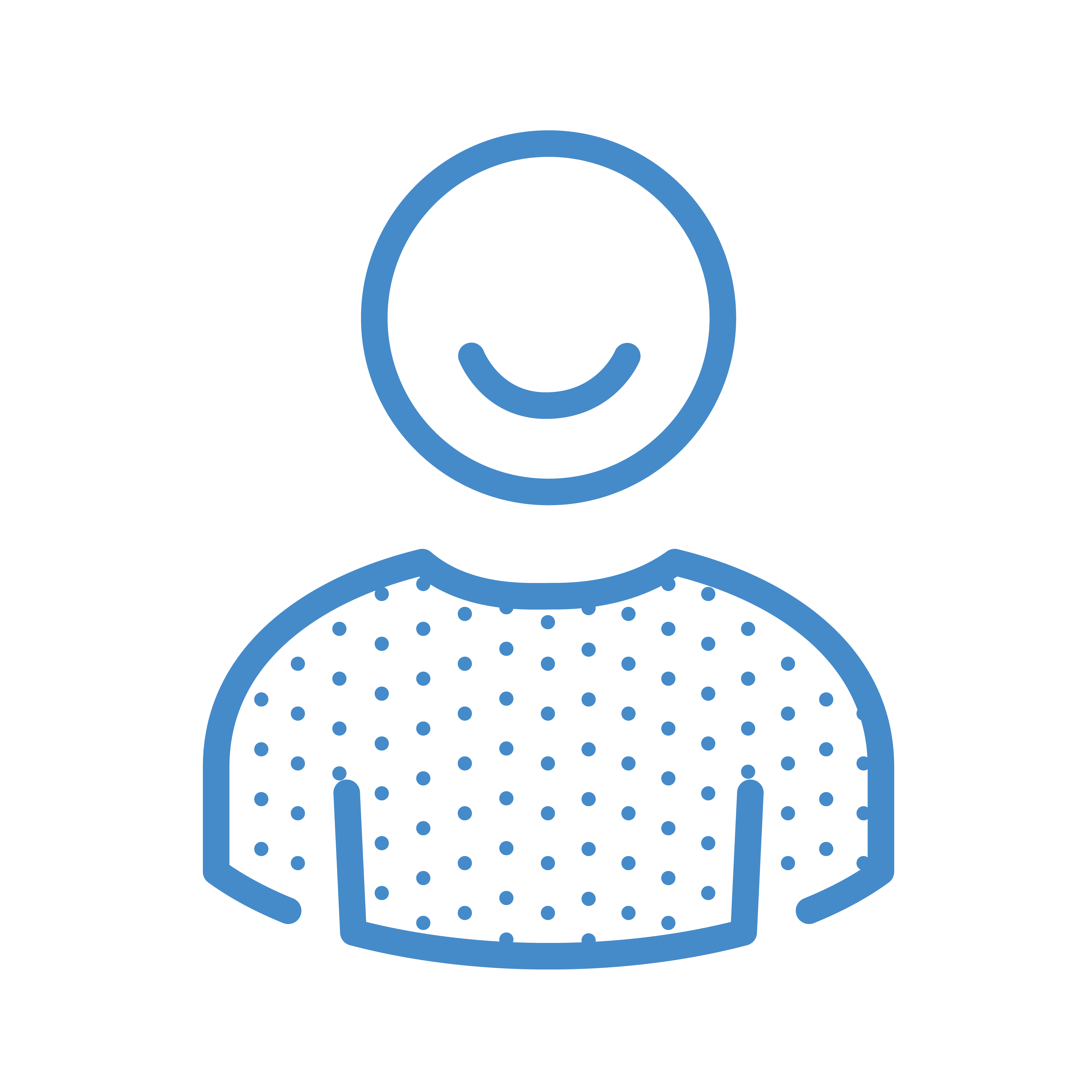 Blue icon of a smiling person wearing a polka dot shirt, representing friendly healthcare support
