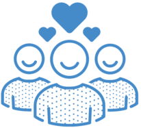 Alt text: Blue icon of three smiling people with hearts above representing caring healthcare support services